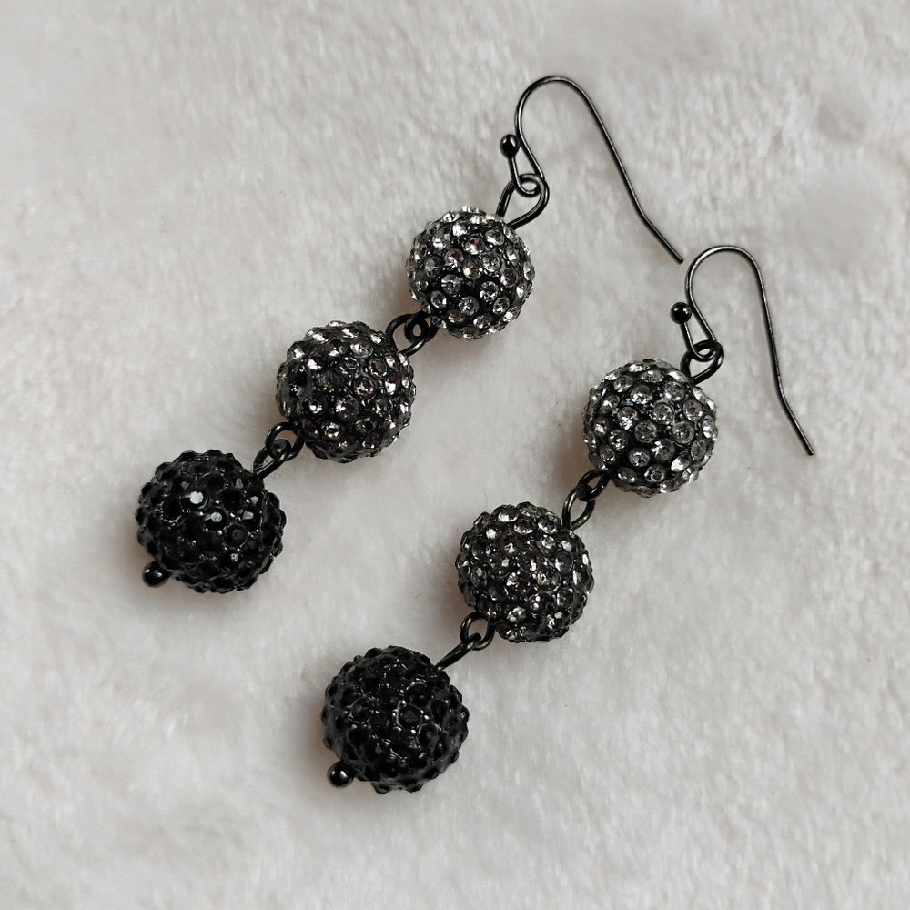 Beautiful Rhinestone Ball Dangle Earrings | Gunmetal Black Clear | 2 1/8"